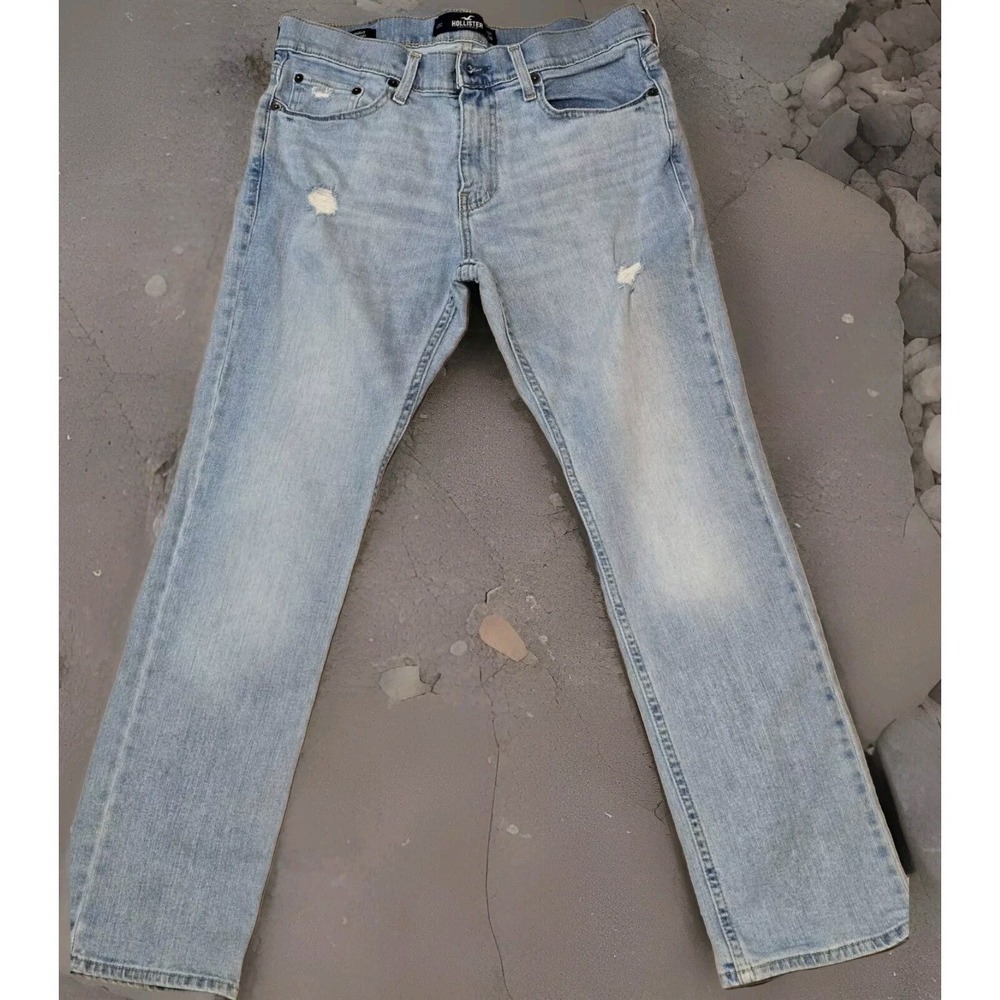 Hollister Mens 31x30 Slim Straight Jeans Blue Distressed Epic Flex Denim NEW‎